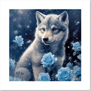 Tamaskan Puppy And Roses Posters and Art